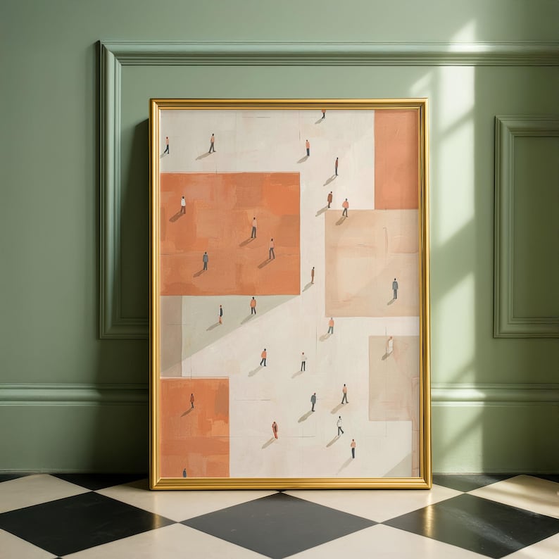 May include: A framed art print featuring an abstract design with geometric shapes in shades of peach, beige, and white. Small figures of people are scattered throughout the design. The frame is gold.
