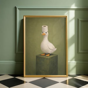 Olive Green Duck poster, funny bathroom wall art, humorous animal print, vintage decor, quirky home artwork, Toilet Art, unique gift idea