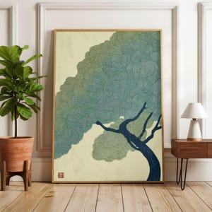 May include: A rectangular wall art print featuring a stylised tree with a dark blue trunk and branches. The foliage is depicted as large, rounded masses filled with intricate, swirling teal and green line patterns against a cream background.