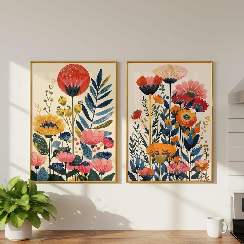 Modern Botanical Wall Art Set of 2 – Colorful Floral Prints, Vibrant ...