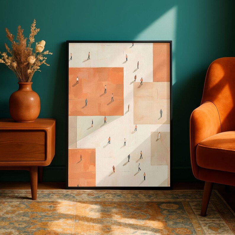 May include: Framed abstract art print featuring a geometric design with peach and cream-colored squares. Small figures are scattered across the squares, creating a sense of depth. The artwork is displayed in a black frame, adding a modern touch.