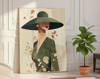 Minimalistische vrouw kunst aan de muur, groene botanische mode-print, elegant portret decor, Japandi kunst aan de muur, moderne poster halverwege de eeuw