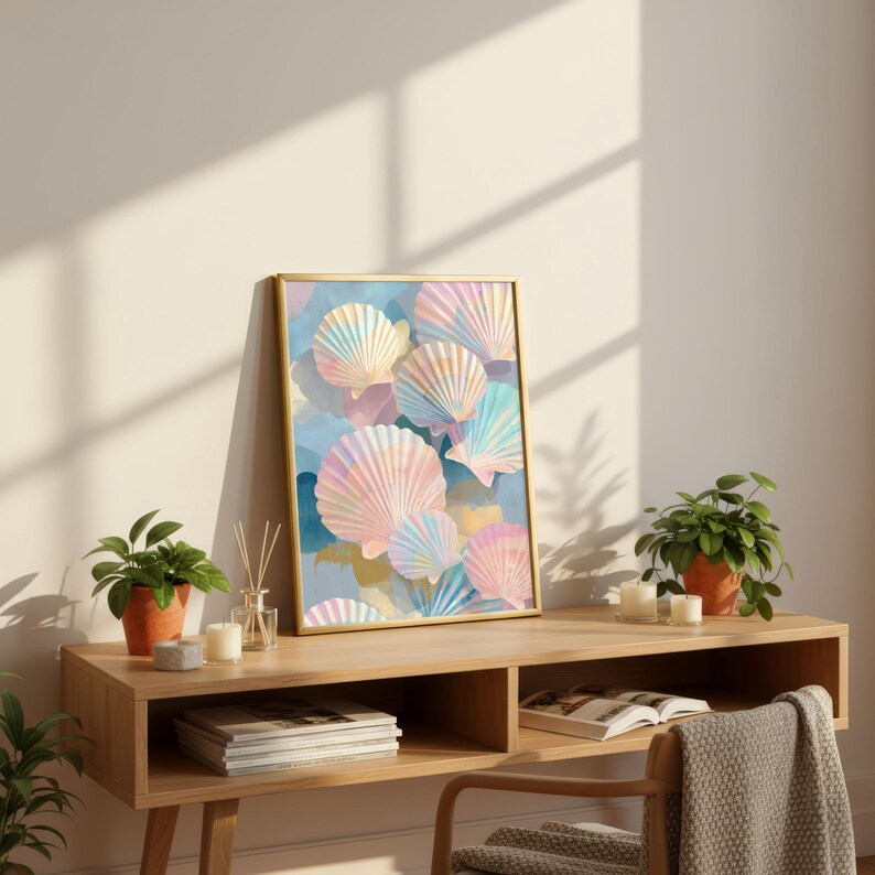 Puede incluir: Una impresi&oacute;n art&iacute;stica enmarcada con un dise&ntilde;o de acuarela de conchas marinas en colores pastel. La obra de arte tiene un marco dorado y se exhibe sobre una consola de madera. La escena incluye plantas en macetas, velas y objetos decorativos.