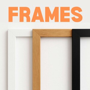 May include: The word "FRAMES" in orange block letters is above three picture frames. The frames are white, natural wood, and black. The frames are rectangular with a simple, modern design.