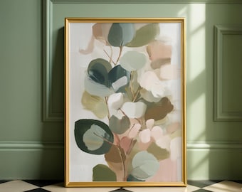 May include: A framed wall art print featuring an abstract botanical painting of eucalyptus-style leaves. The artwork uses a palette of sage green, dark forest green, soft beige, and muted pink tones with visible brushstrokes in a vertical composition.