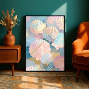 Puede incluir: Una impresi&oacute;n art&iacute;stica enmarcada con un dise&ntilde;o de acuarela de conchas marinas en colores pastel. Las conchas son en tonos de rosa, amarillo y azul, sobre un fondo azul claro. La obra de arte se muestra en un marco negro.