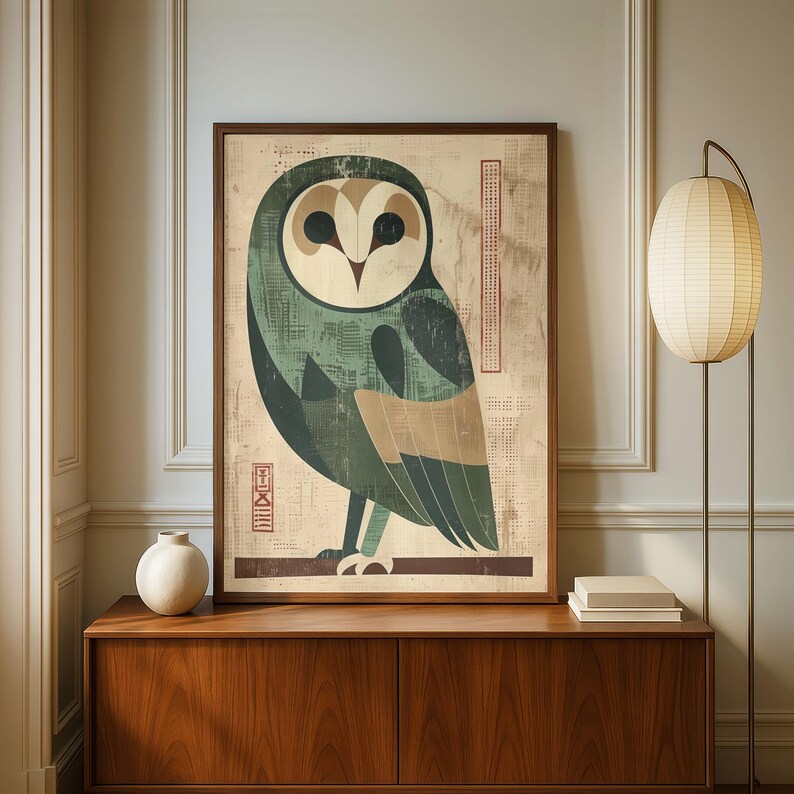 Op de afbeelding: Een ingelijste kunstdruk met een gestileerde uil in groen, beige en bruin. De uil is afgebeeld met geometrische vormen en patronen. Het kunstwerk wordt tentoongesteld op een houten kast, met een lamp en een vaas in de buurt.