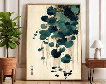 May include: A rectangular wall art print featuring a cluster of dark teal, rounded leaves hanging from thin, vertical stems against a cream-colored background. The artwork includes black Japanese calligraphy and a small red square seal in the lower left corner.