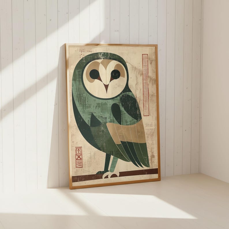 Op de afbeelding: Een ingelijste kunstdruk met een gestileerde uil-illustratie. De uil is weergegeven in tinten groen, beige en bruin, met een geometrisch ontwerp. Het kunstwerk heeft een vintage, getextureerde uitstraling en staat tegen een lichte achtergrond.