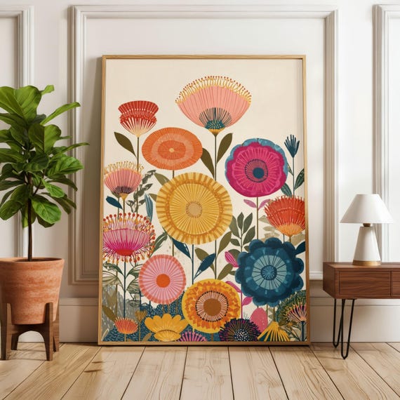 Colourful Floral Wall Art, Retro Wildflower Print, Scandinavian Botanical Poster