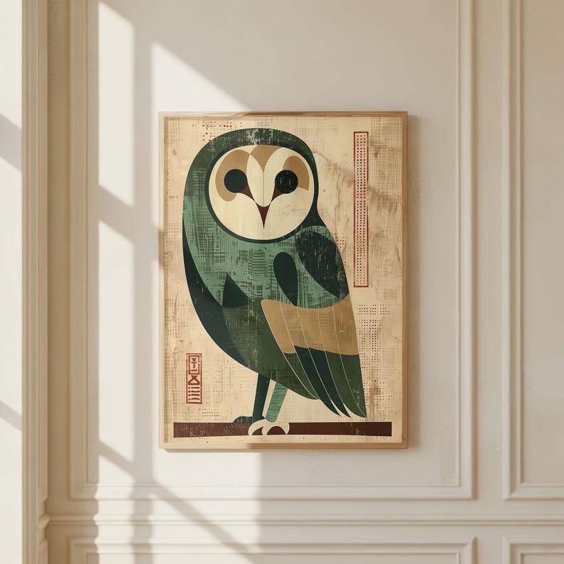 Op de afbeelding: Een ingelijste kunstdruk met een gestileerde uil. De uil heeft een groen en goudkleurig lichaam met een cr&egrave;mekleurig gezicht. De achtergrond is een getextureerd beige met verticale en horizontale rode accenten. Het kunstwerk zit in een houten lijst.
