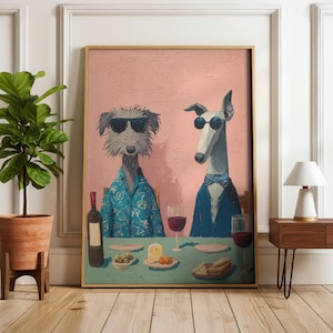 Funny Dog Wine Party Art Print, Quirky Animal Wall Decor, Retro Art, Fancy Dog Poster, Dogs at Dinner Poster for Kitchen or Dining Room