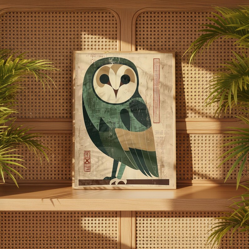 Op de afbeelding: Een rechthoekige kunstprint met een gestileerde uil-illustratie. De uil is in tinten groen, bruin en beige, met een geometrisch ontwerp. De print heeft een getextureerde, verouderde uitstraling en bevat Japanse karakters.