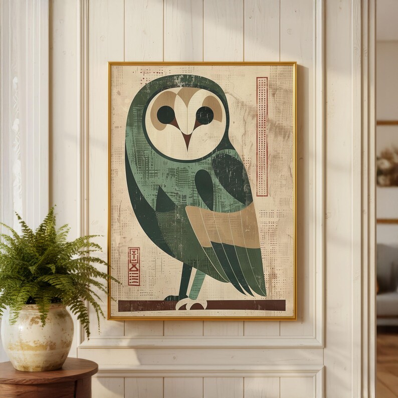 Op de afbeelding: Een ingelijste kunstdruk met een gestileerde uil-illustratie. De uil is afgebeeld in tinten groen, bruin en cr&egrave;me, met een geometrisch ontwerp. Het kunstwerk is geplaatst tegen een getextureerde achtergrond en goudkleurig omlijst.