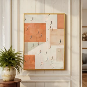 May include: Abstract art print in a gold frame. The artwork features a geometric design with various rectangular shapes in shades of peach, beige, and white. Small figures of people are scattered across the surface, creating a sense of depth and scale.