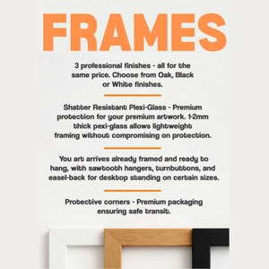May include: Image features the word "FRAMES" in large orange letters. Text below details professional finishes, shatter-resistant plexi-glass, and ready-to-hang features. The image shows frame corners in white, oak, and black.