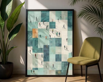 Abstract Tiny People Art, Checkerboard Style Geometric Print, Modern Contemporary Wall Art, Minimalist Interior Decor