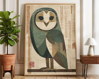 Muurdecoratie met print van een kerkuil, vintage uilenposter, Japans geïnspireerd vogelkunstwerk, dierenmuurdecoratie