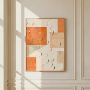 May include: Framed art print featuring an abstract design with geometric shapes in shades of orange, beige, and white. Small figures of people are scattered across the artwork, creating a sense of scale and depth. The artwork is encased in a wooden frame.