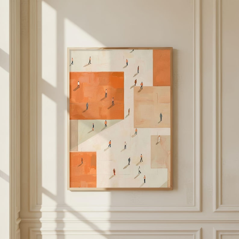 May include: Framed art print featuring an abstract design with geometric shapes in shades of orange, beige, and white. Small figures of people are scattered across the artwork, creating a sense of scale and depth. The artwork is encased in a wooden frame.