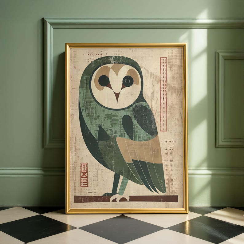Op de afbeelding: Een ingelijste kunstdruk met een gestileerde uil-illustratie. De uil is afgebeeld in tinten groen, beige en bruin tegen een textuurachtergrond. Het kunstwerk is ingelijst in een goudkleurige lijst en rust tegen een groene muur.