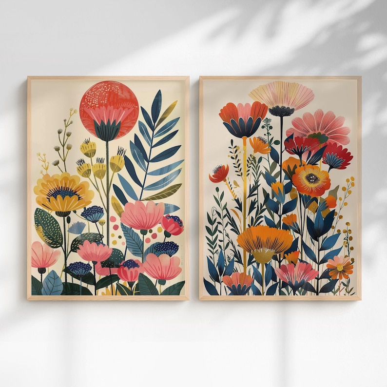 Modern Botanical Wall Art Set of 2 – Colorful Floral Prints, Vibrant ...
