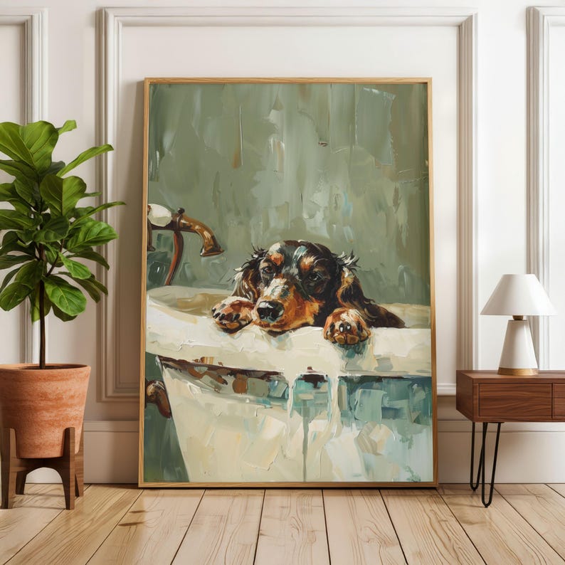 Dachshund Bath Wall Art Print, Funny Sausage Dog Bathroom Decor, Cute ...