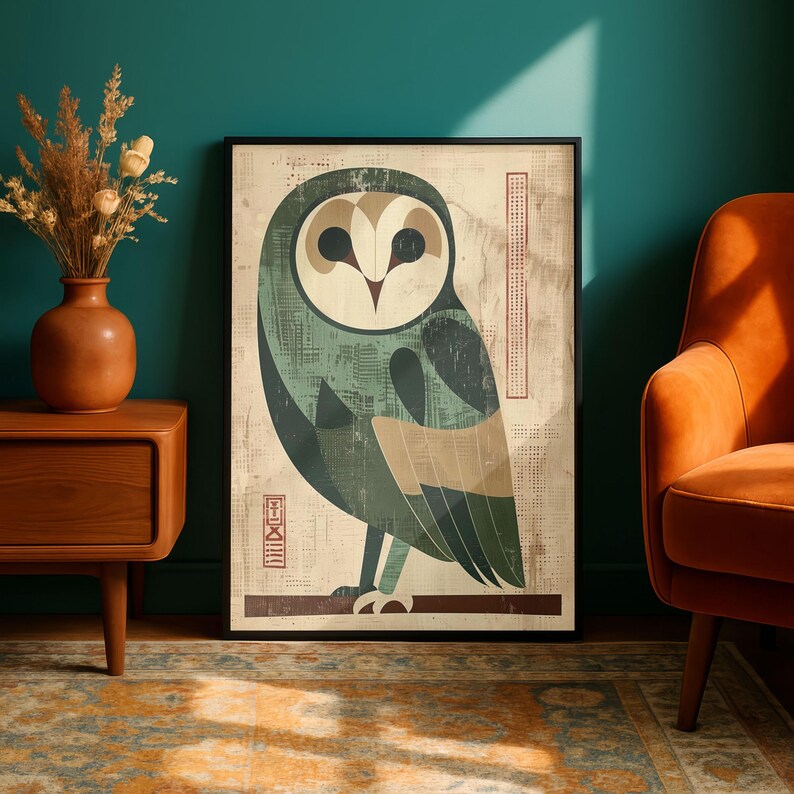 Op de afbeelding: Een ingelijste kunstdruk met een gestileerde uil-illustratie. De uil is afgebeeld in tinten groen, beige en bruin, met een geometrisch ontwerp. Het kunstwerk heeft een vintage, getextureerde uitstraling en staat tegen een neutrale achtergrond. De lijst is zwart.