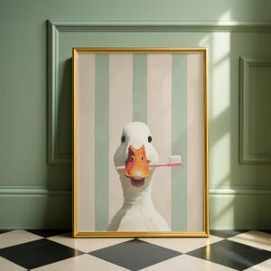 Funny Goose Bathroom Wall Art, Goose Wall Print, Toothbrush Goose Poster, Cute Bathroom Decor, Duck Wall Art, Sage Green Wall Art