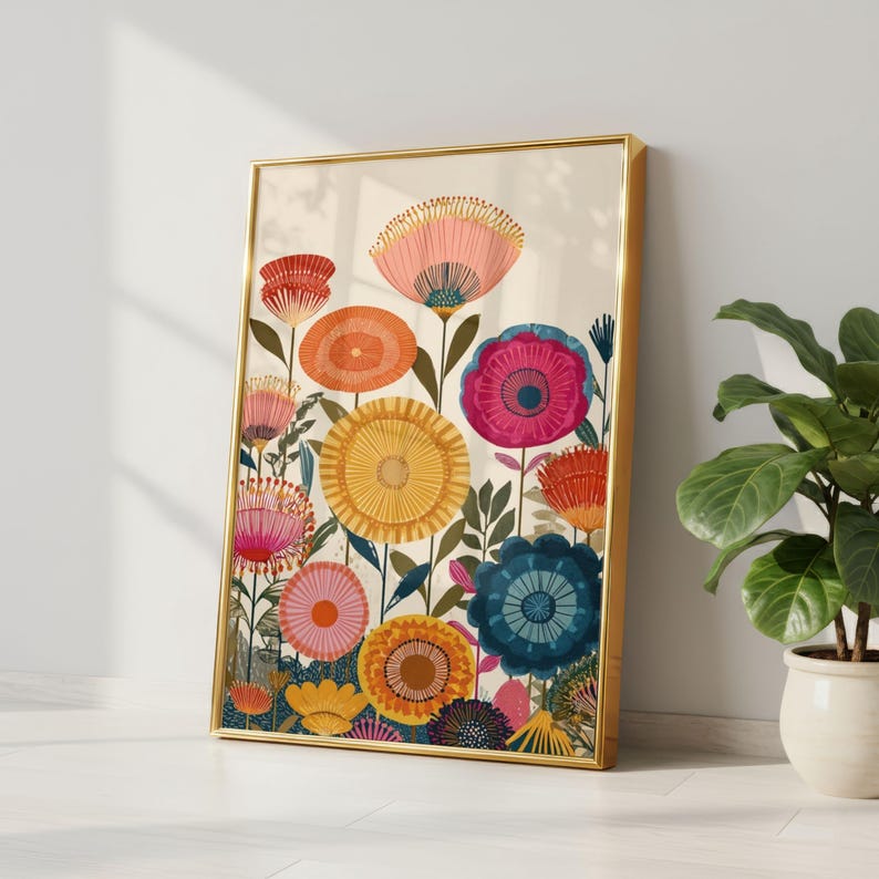 May include: A framed floral art print featuring a vibrant array of stylized flowers in shades of pink, orange, yellow, and blue. The artwork is set against a cream background and framed in a gold-colored frame. A potted plant is visible in the background.