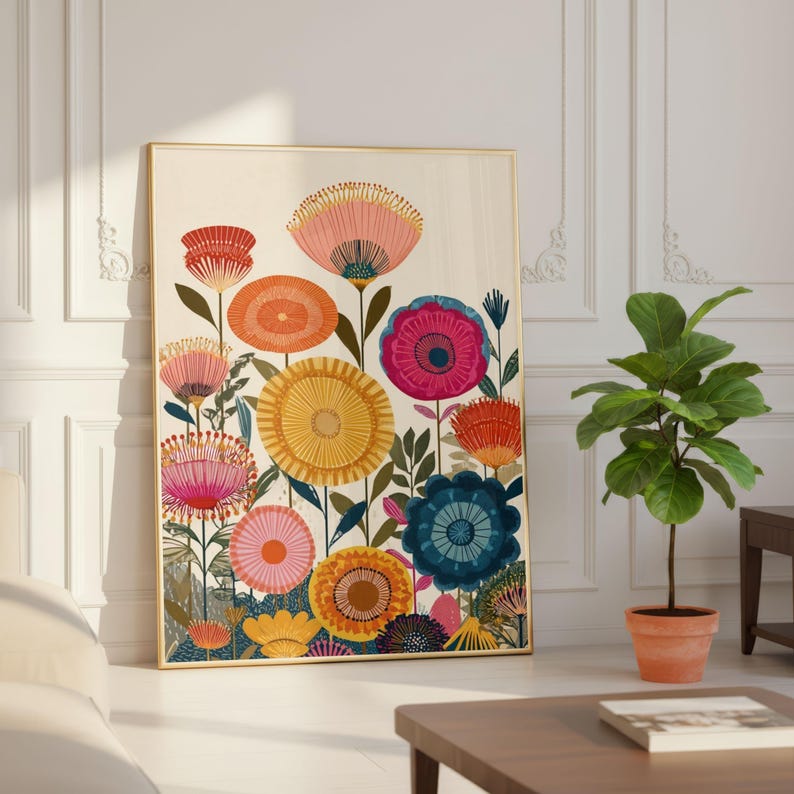 May include: A framed floral art print featuring colorful stylized flowers in shades of pink, orange, yellow, and blue against a cream background. The artwork is displayed in a room with a plant and a wooden table.