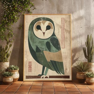Op de afbeelding: Een ingelijste kunstdruk met een gestileerde uil-illustratie. De uil is afgebeeld in tinten groen, beige en bruin tegen een getextureerde achtergrond. Het kunstwerk heeft een vintage esthetiek, met een houten lijst en decoratieve elementen.