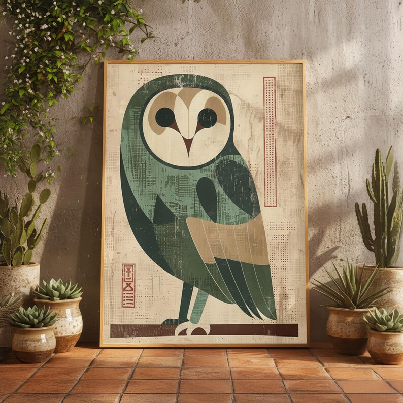 Op de afbeelding: Een ingelijste kunstdruk met een gestileerde uil-illustratie. De uil is afgebeeld in tinten groen, beige en bruin tegen een getextureerde achtergrond. Het kunstwerk heeft een vintage esthetiek, met een houten lijst en decoratieve elementen.
