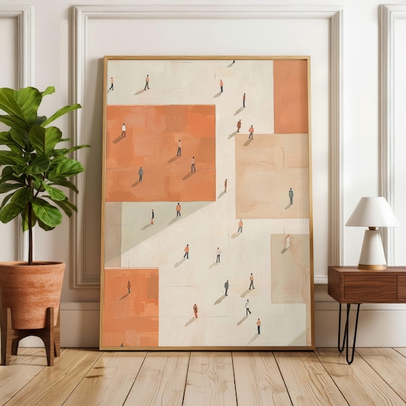 Abstract Tiny People Art, Checkerboard Style Geometric Print, Modern Contemporary Wall Art, Minimalist Interior Decor
