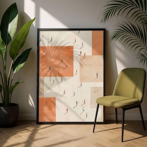 May include: Framed art print featuring an abstract design with geometric shapes in shades of peach and cream. Small figures are scattered across the surface, creating a sense of scale and depth. The artwork is displayed in a black frame.