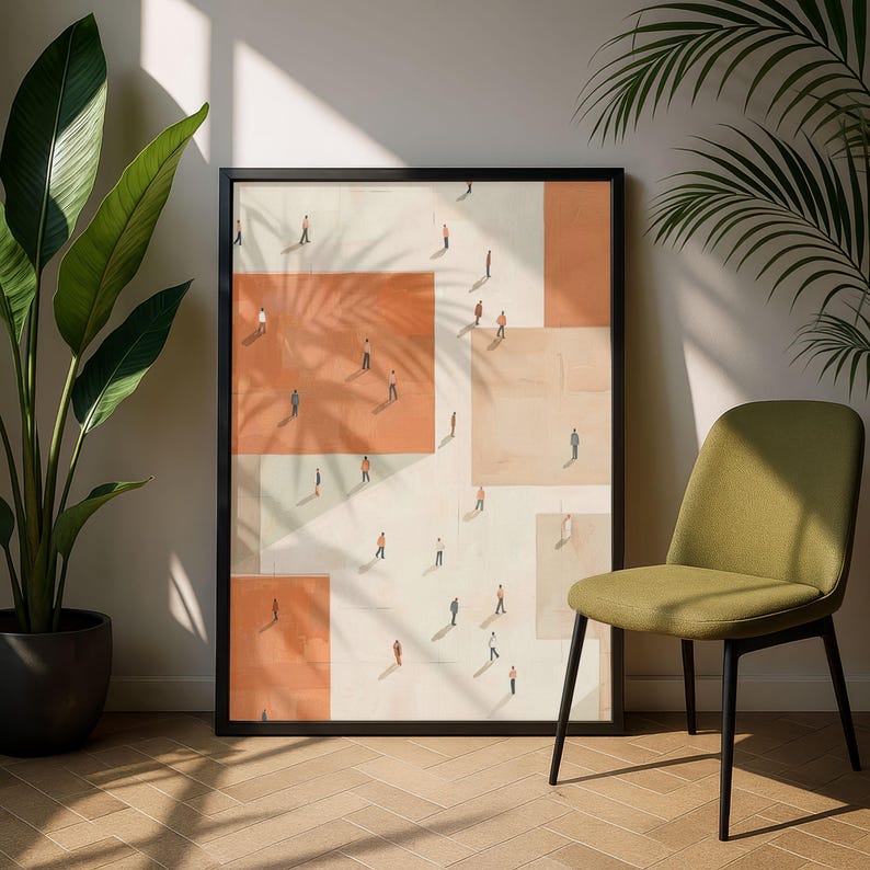 May include: Framed art print featuring an abstract design with geometric shapes in shades of peach and cream. Small figures are scattered across the surface, creating a sense of scale and depth. The artwork is displayed in a black frame.
