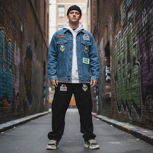 Op de afbeelding: Een blauw spijkerjack met diverse patches, een witte hoodie, een zwarte cargobroek en een zwarte muts. Het jack is voorzien van patches waaronder "I Heart Hot Dads" en "Milk Philly". De zwarte broek heeft ook een "I Heart Hot Dads"-patch.