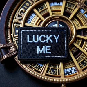 Puede incluir: Un parche rectangular negro con las palabras "LUCKY ME" bordadas en azul claro. El parche está enmarcado con costuras blancas y descansa sobre un dispositivo mecánico detallado de color dorado con una correa de cuero marrón oscuro.