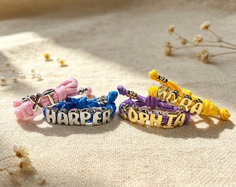 Custom Initial Name Bracelet, Adjustable Knotted Cord, Gold Silver Bubble Letter Charm