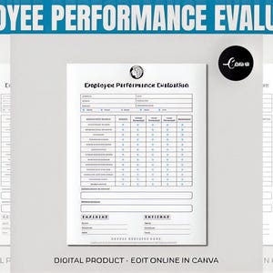 Puede incluir: Documento blanco titulado "Employee Performance Evaluation" con una cuadrícula para calificar el desempeño de los empleados. El documento incluye el texto "Digital Product - Edit Online in Canva". La imagen también incluye el logotipo de Canva.