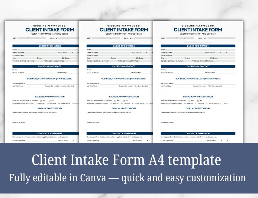 Client Intake Form A4 Template – Editable Printable Business ...