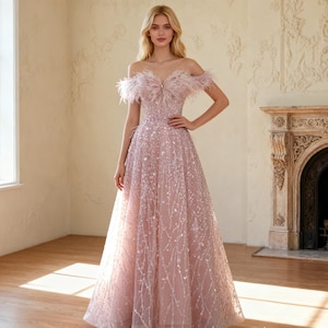 chinese dress ladies Nox Anabel Backless Sequin Prom Dress with Feathers Rose / 8