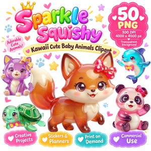 Könnte beinhalten: Eine digitale Sammlung von 50 PNG-Dateien mit glitzernden, durchscheinenden Tierbabys, darunter ein Fuchs, eine Katze, ein Delfin, ein Panda und eine Schildkröte. Der Text lautet Sparkle Squishy, Kawaii Cute Baby Animals Clipart, 50 PNG, 300 DPI.