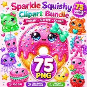 Pakiet clipartów Sparkle Squishy w formacie PNG, 75 brokatowych grafik z motywem karmy dla kotów w kształcie gwiazdek z gumy, cyfrowe pobieranie w stylu anime, 300 DPI