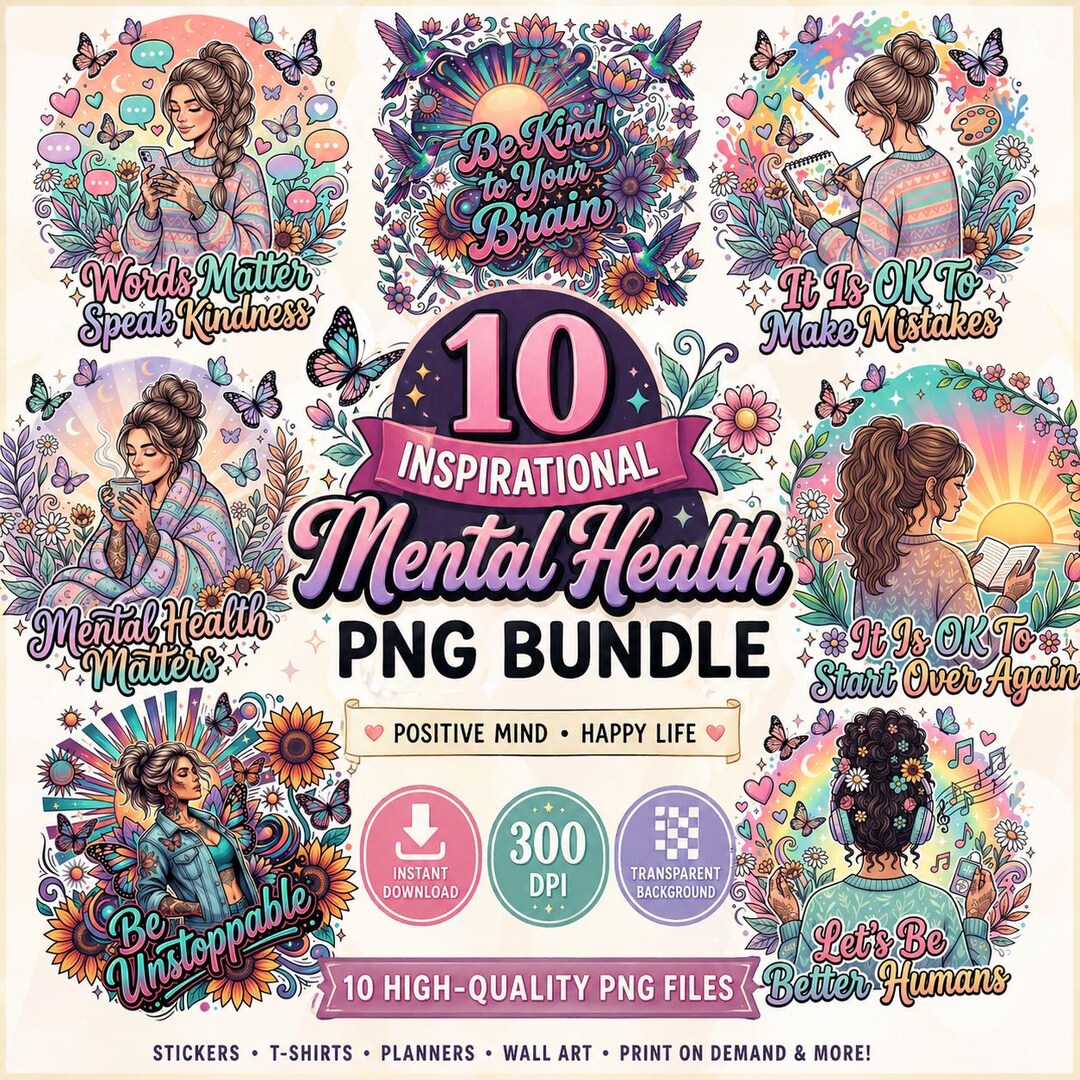 Mental Health PNG Bundle – 10 Inspirational Quotes Clipart, Self Love ...