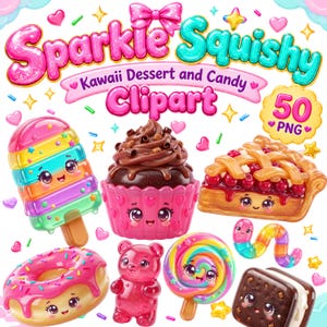 Pode incluir: Uma coleção digital intitulada Sparkle Squishy Kawaii Dessert and Candy Clipart com 50 arquivos PNG. A imagem exibe um picolé arco-íris, um cupcake de chocolate, uma torta de cereja, um donut rosa, um ursinho de goma e um pirulito colorido.