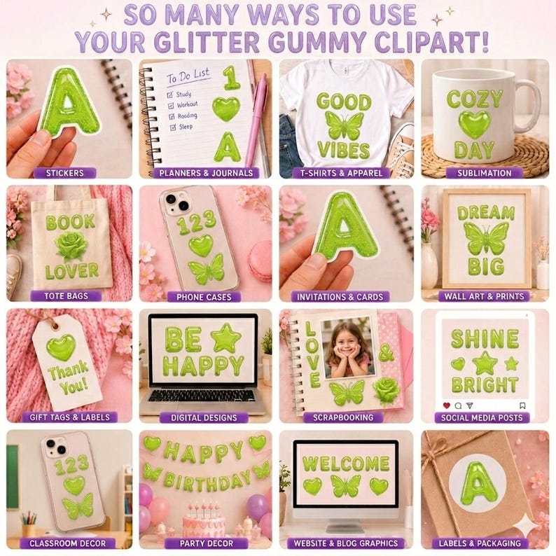 Glitter Glossy Gummy Lime Alphabet Clipart, Kawaii Jelly Letters ...