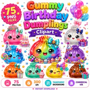 Può includere: Una collezione digitale di 75 file PNG con personaggi a forma di gnocchi in stile cartone animato colorati con volti, fiocchi e accessori per feste. Il testo recita Gummy Birthday Dumplings Clipart, 75 PNG FILES, 300 DPI e INSTANT DOWNLOAD.