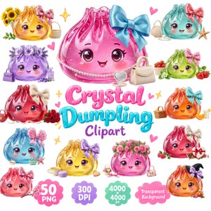 Könnte beinhalten: Eine Sammlung bunter, durchscheinender Kristall-Dumpling-Figuren mit lächelnden Gesichtern und Schleifen, ergänzt durch Accessoires wie Blumen, Handtaschen und Früchte. Der Text lautet Crystal Dumpling Clipart, 50 PNG, 300 DPI, 4000 x 4000 px, Transparent Background.