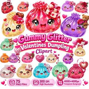 Könnte beinhalten: Eine Sammlung von Gummy Glitter Valentines Dumpling Clipart mit verschiedenen bunten, durchscheinenden, lächelnden Knödel-Charakteren mit Glitzertexturen, verziert mit Herzen, Geschenkboxen, Teddybären und Rosen, inklusive des Textes Gummy Glitter Valentines Dumpling Clipart.